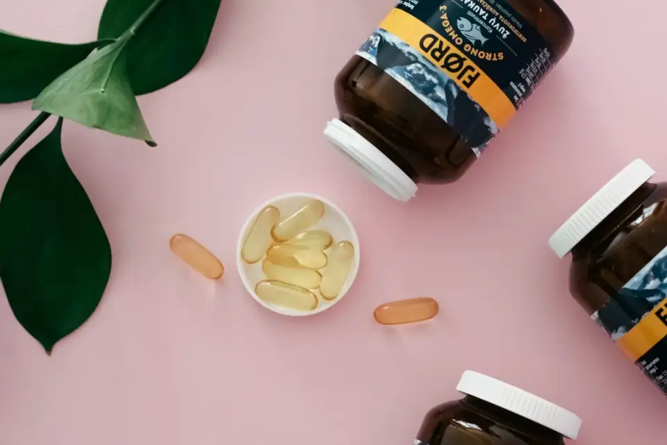 A fish oil supplement bottle placed beside a dog's stainless steel food bowl