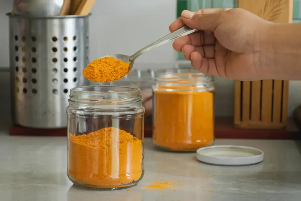 A measuring scoop of supplement powder next to a small pile of freeze-dried chews