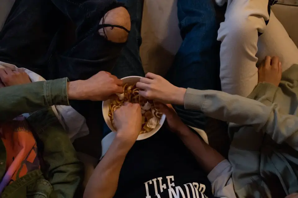 Dog eating from a bowl at home