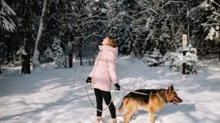 Dog walking with owner outdoors