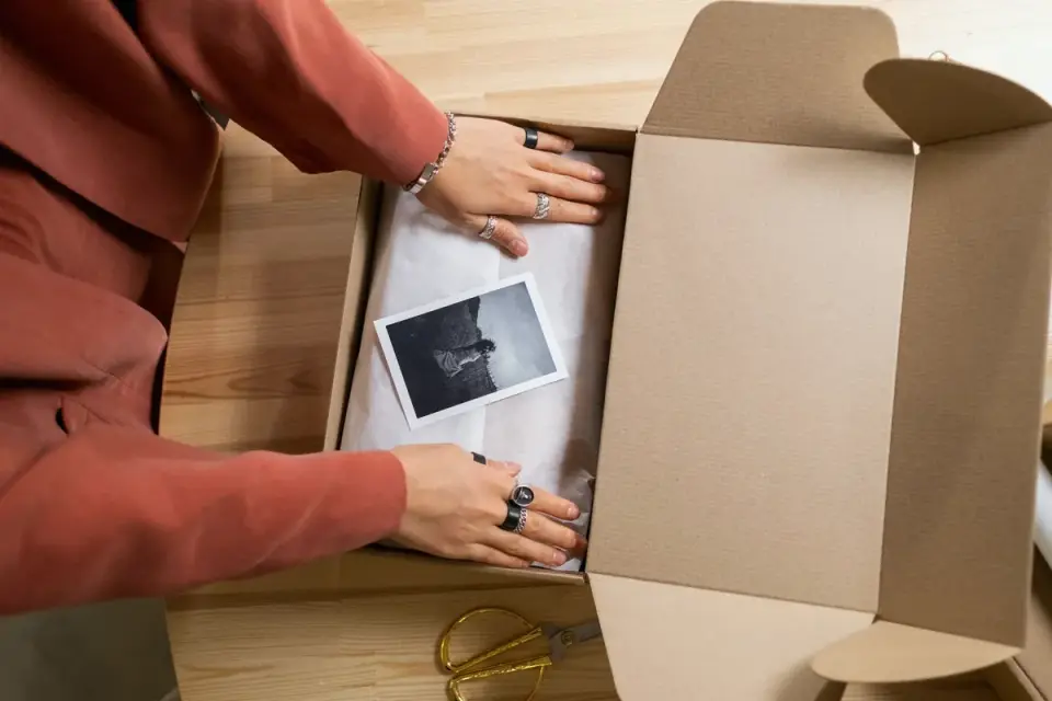 Hands assembling a cardboard box foraging toy with paper tubes and scattered kibble