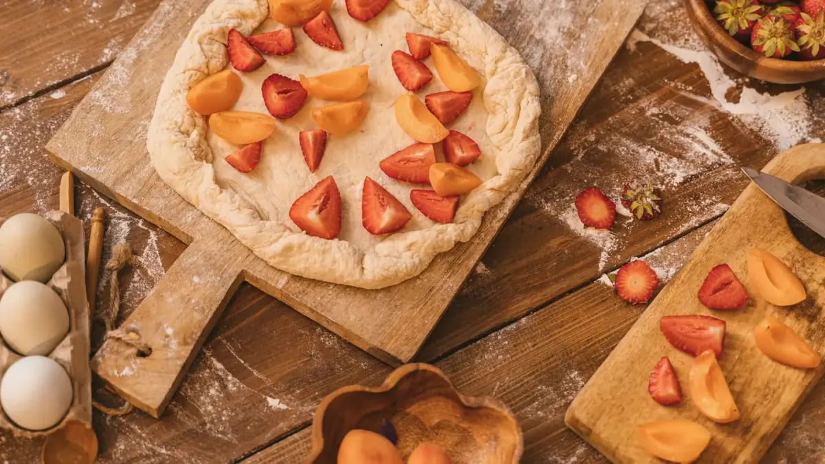 Sliced strawberries on a wooden cutting board beside a senior golden retriever