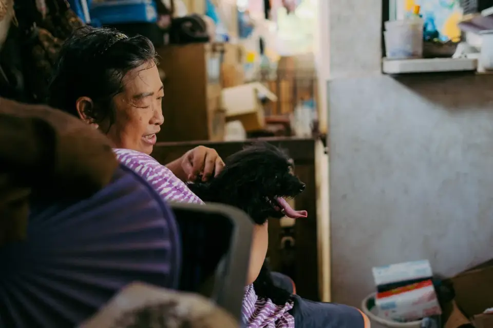 Veterinarian discussing a dog's behavior with an owner during an exam